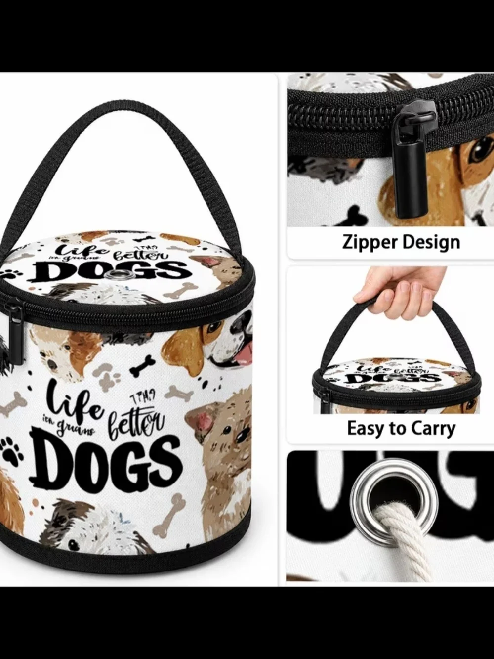 Dogs Pattern Round Crochet Yarn Case - White with Black Trim